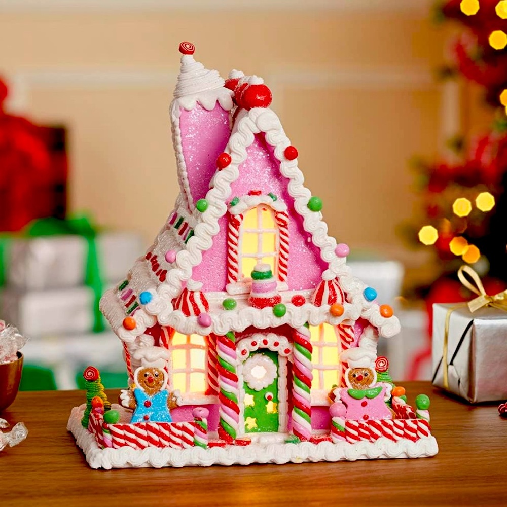 Kurt Adler 10-Inch Pink Battery-Operated Candy LED Gingerbread House Table Piece